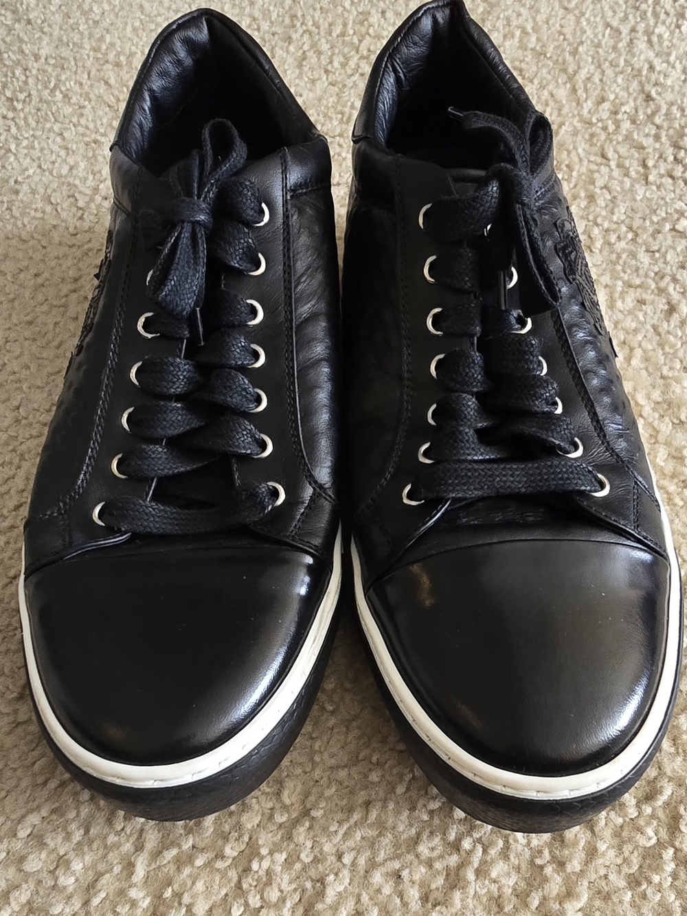 Roberto Cavalli Black Leather Low-Top Sneakers with White Trim